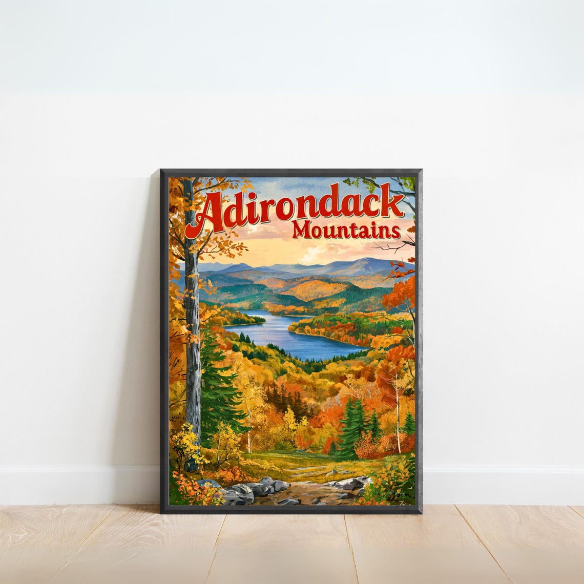 Adirondack Mountains Vintage Poster with Autumn Lake View in Fall