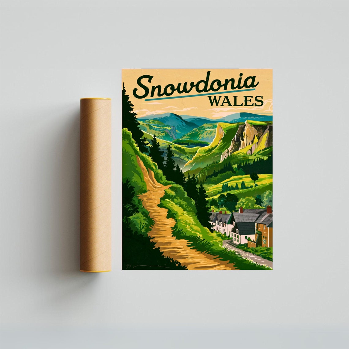 Snowdonia Wales Village Path Between Green Valley Cliffs Poster - Image 3