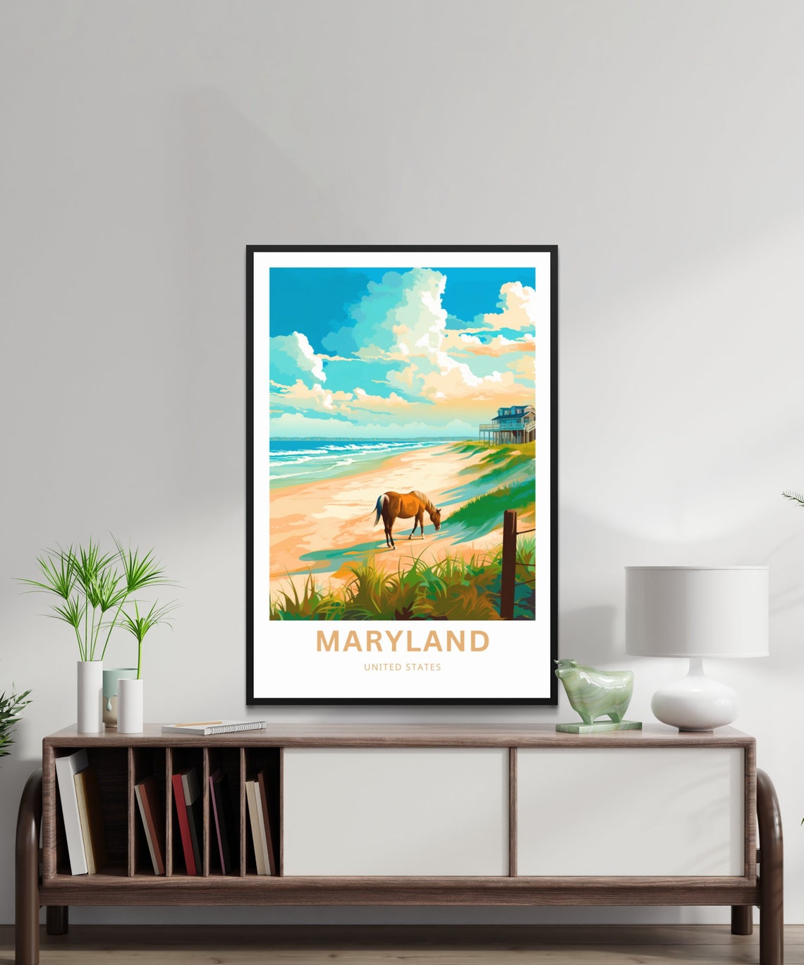 Maryland Personalized Travel Poster with Wild Horse on Beach Dunes - Image 2