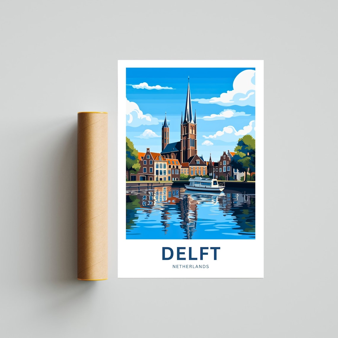 Personalized Delft Canal Church Netherlands Illustrated Travel Poster - Image 4