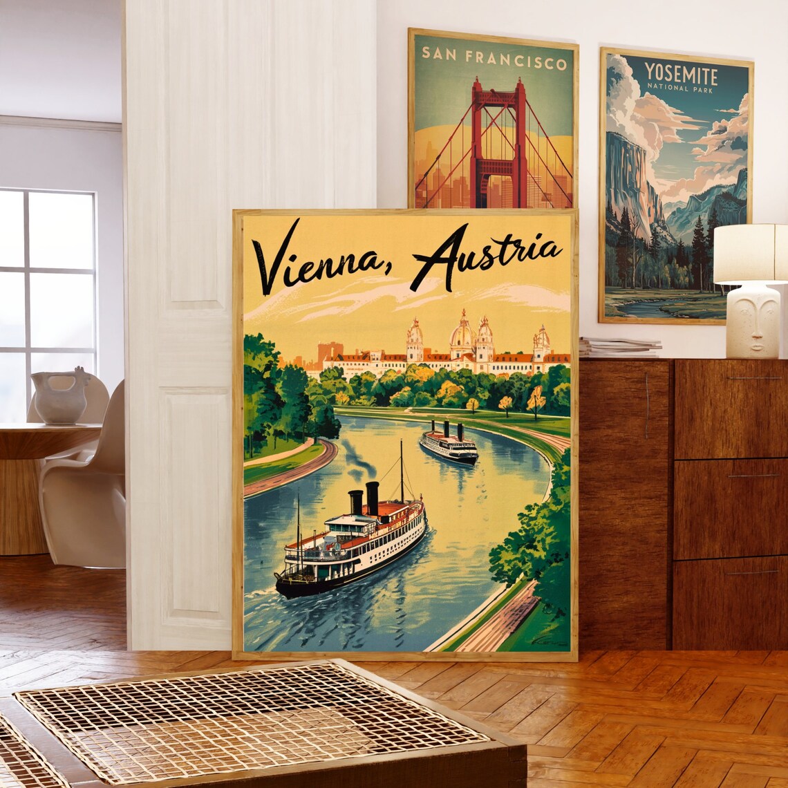 Vienna Austria Vintage Danube Steamboat Golden Script Travel Poster - Image 5