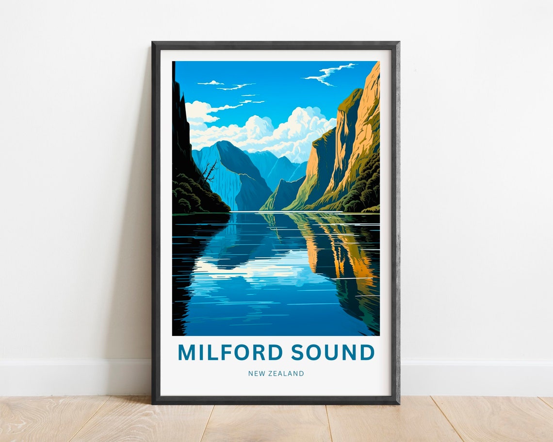 Milford Sound New Zealand Tall Ship Golden Peaks Sunset Travel Poster