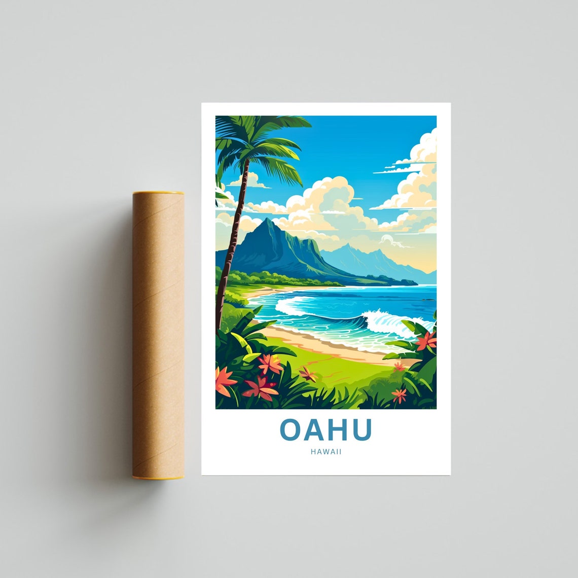 Oahu Hawaii Surf Waves Beach Tropical Flowers Art Travel Poster - Image 4