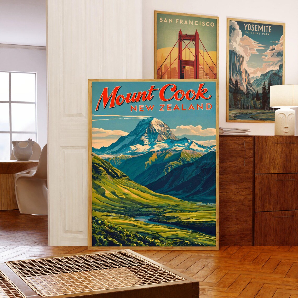 Mount Cook New Zealand Retro Alpine Valley Peak Travel Poster - Image 3