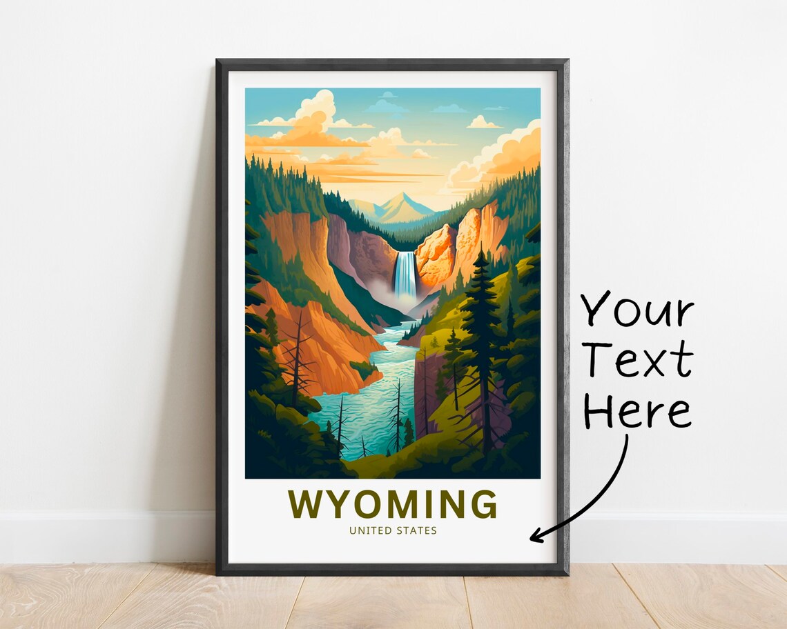 Personalized Wyoming Canyon Waterfall Vintage Travel Art Poster