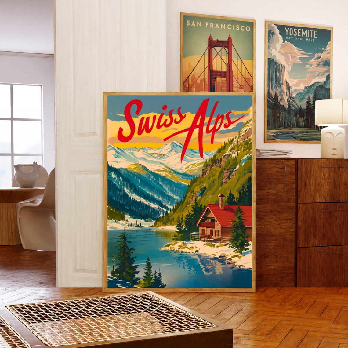 Swiss Alps Vintage Style Lake Cabin and Snowy Peaks Art Poster - Image 5