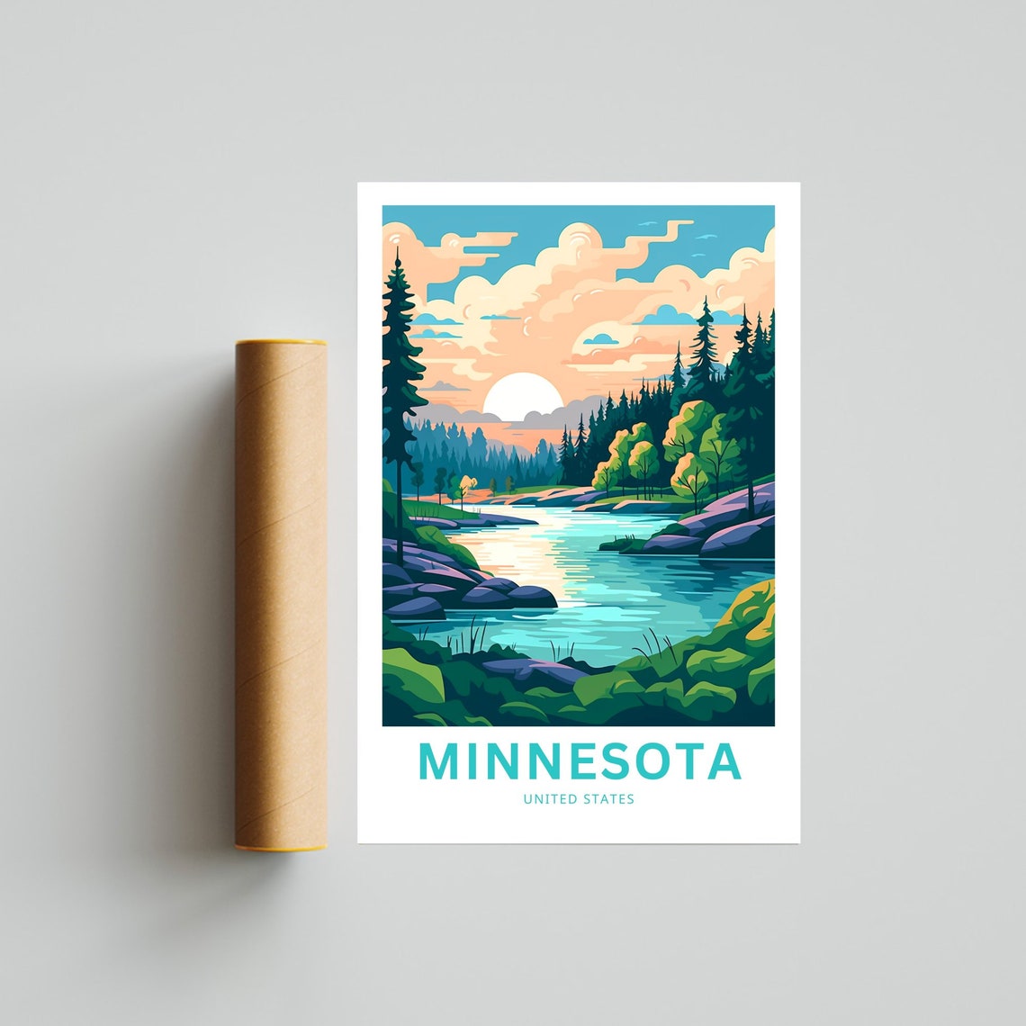 Minnesota United States Sunrise River Pine Forest Scene Poster - Image 4