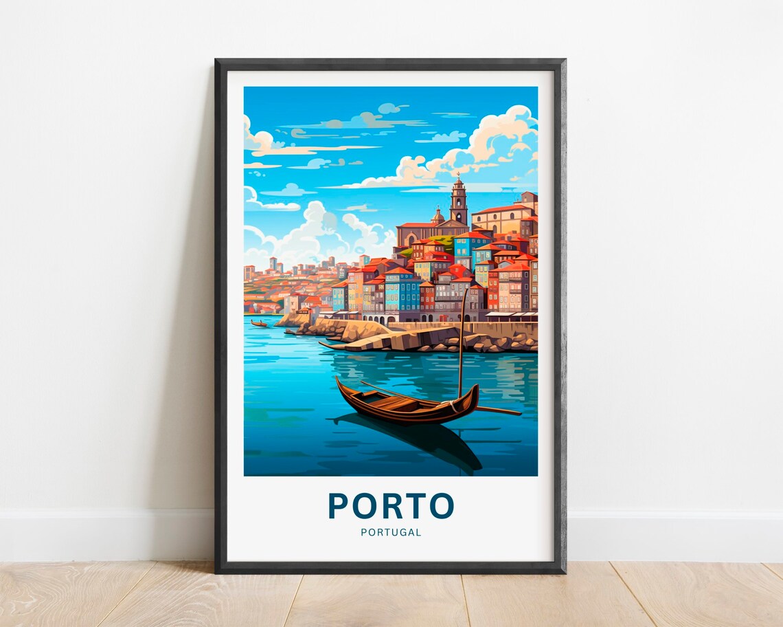 Porto Portugal Colorful Riverside Houses Boat Douro Travel Poster