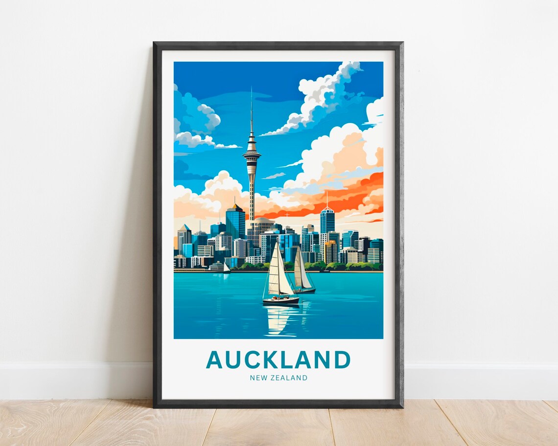 Auckland New Zealand Sky Tower Sunset Sailboat Scene Travel Poster