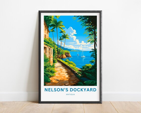 Nelson's Dockyard Antigua Coastal Path Travel Poster Palm Trees Harbor Art