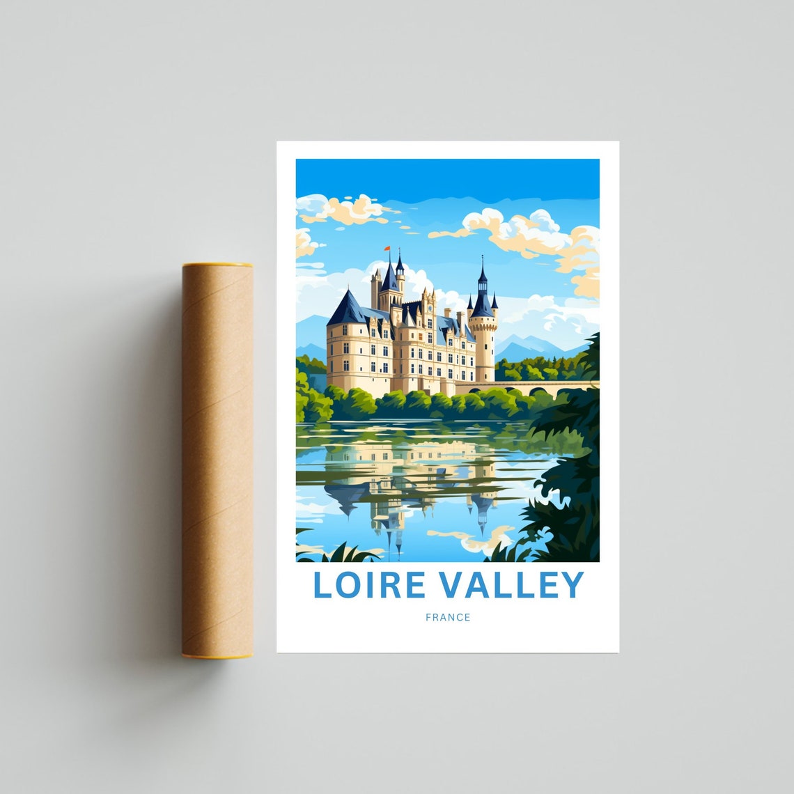 Loire Valley France Chateau Lakeside Reflection Castle Travel Poster - Image 4