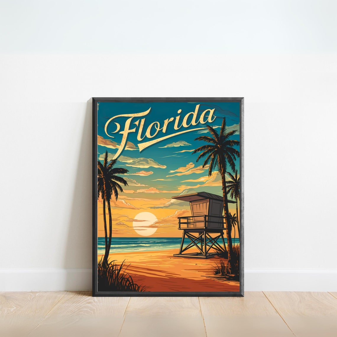 Florida Lifeguard Tower Beach Sunset Palms Retro Vintage Travel Poster