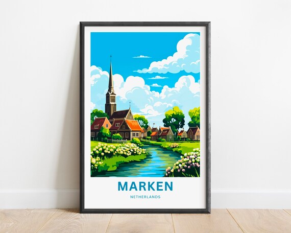 Marken Netherlands Village Church Spire Canal Storybook Travel Poster
