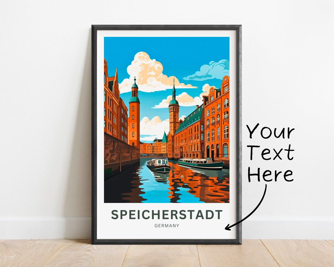 Speicherstadt Germany Canal Boats Red Brick Quayside Travel Poster