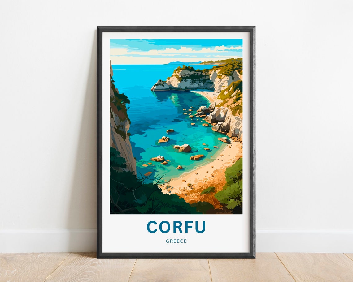 Corfu Greece Turquoise Cove White Cliffs Beach Travel Poster