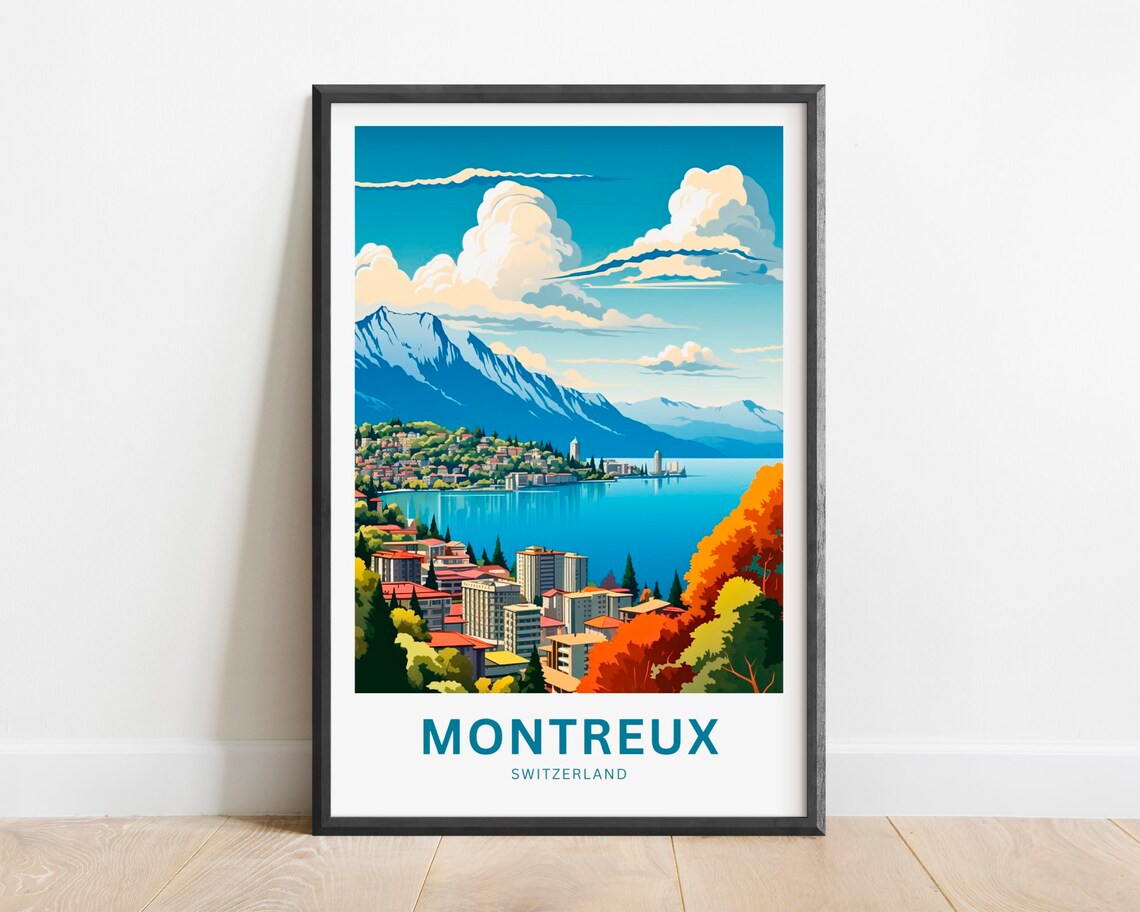 Montreux Switzerland Lake Geneva Town Mountains Vintage Travel Poster