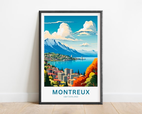 Montreux Switzerland Lake Geneva Town Mountains Vintage Travel Poster