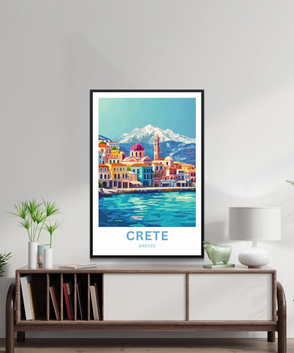Crete Greece Colorful Coastal Town Snowy Mountain Lively Poster - Image 3