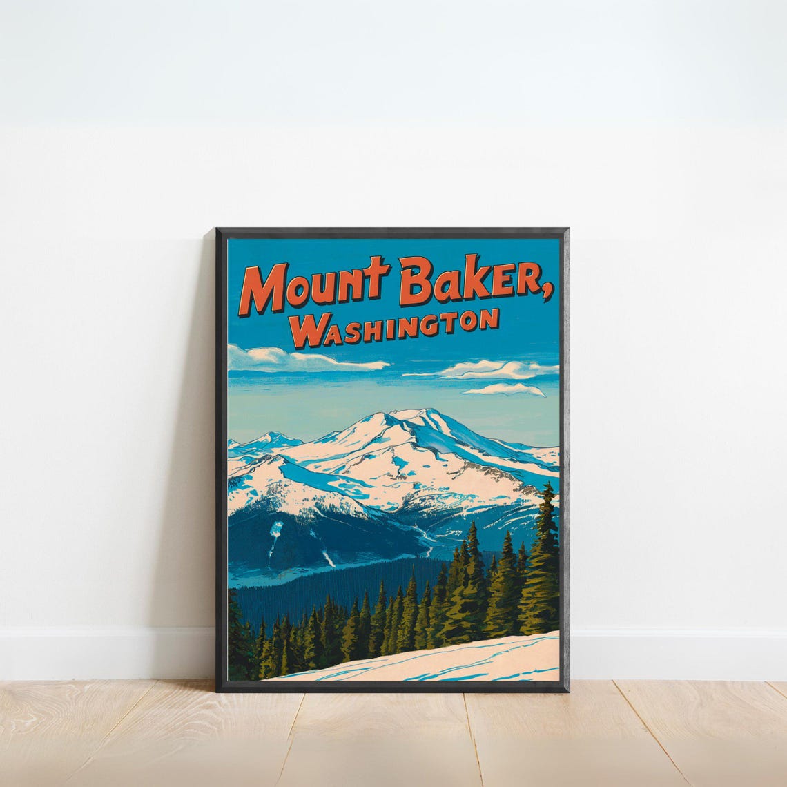 Mount Baker Washington Snowy Summit Retro Vintage Travel Poster