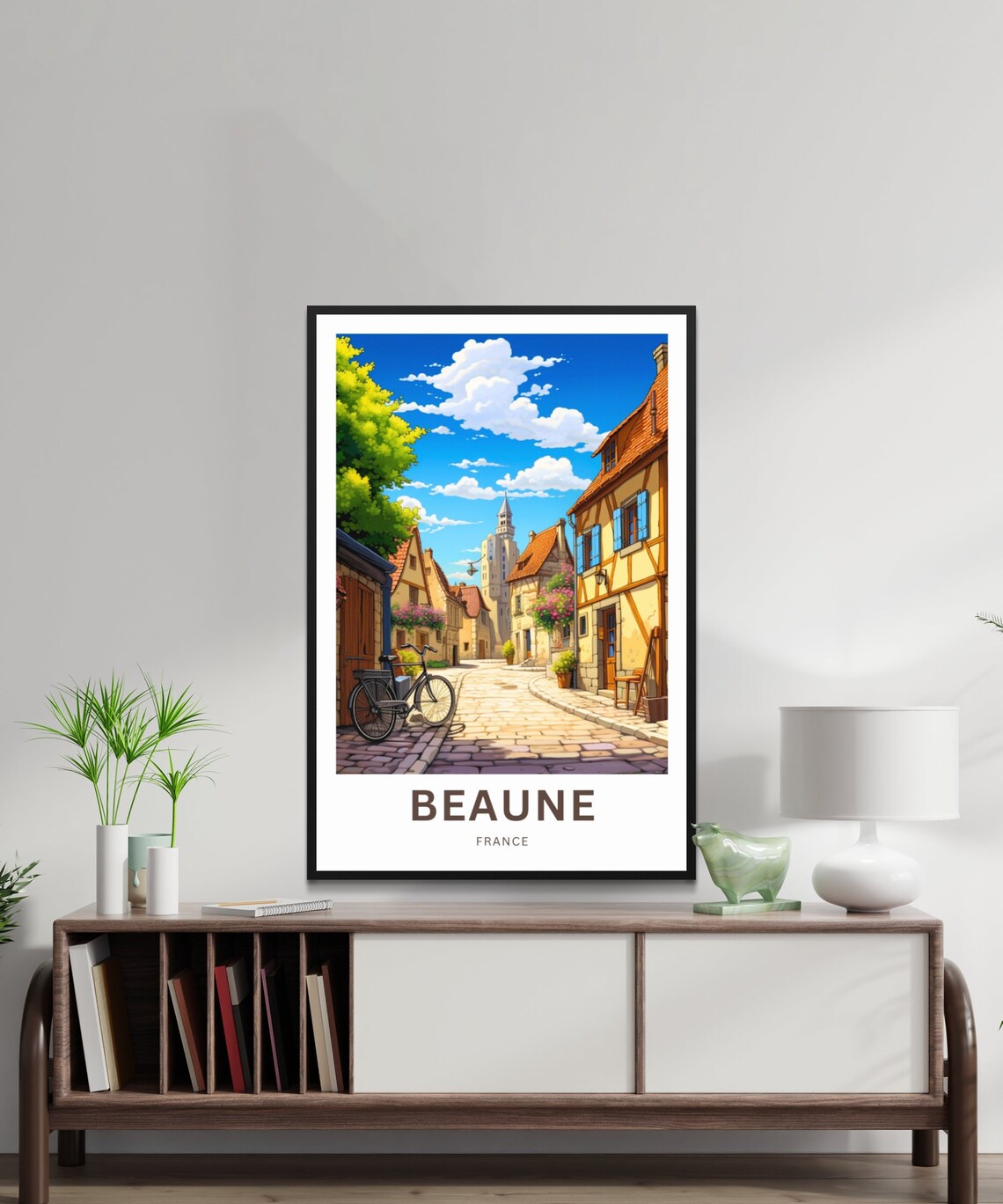 Beaune France Poster with Cobblestone Village Street and Bike Art - Image 2