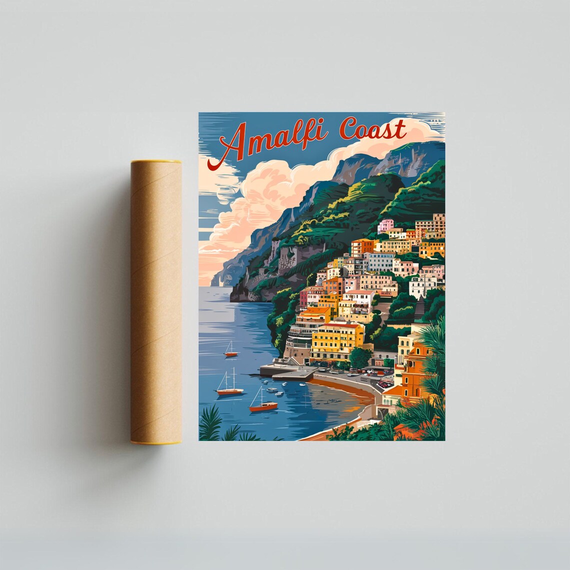 Amalfi Coast Italy Hillside Town Sailboats Vintage Travel Poster - Image 3