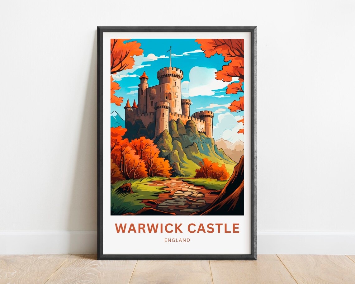 Warwick Castle England Autumn Vintage Travel Poster Medieval Fortress