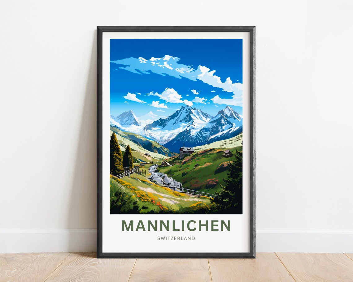 Mannlichen Switzerland Alpine Snowy Peaks Mountain Meadow Travel Poster