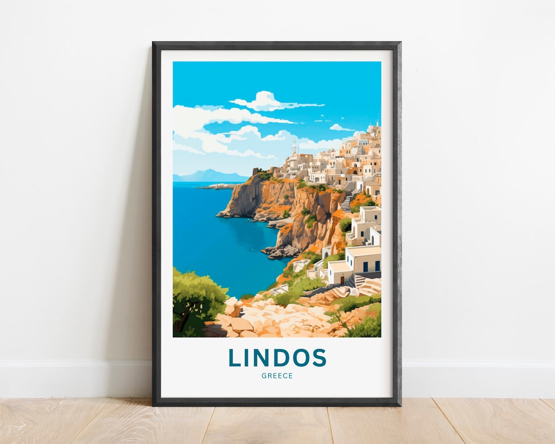 Lindos Greece Cliffside Village Aegean Sea View Travel Poster