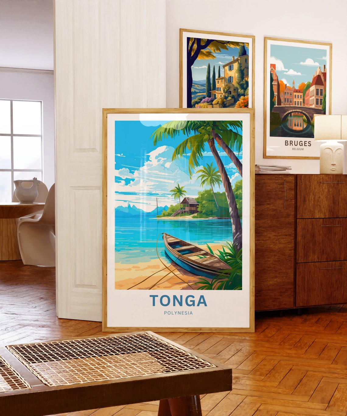 Tonga Polynesia Tropical Beach Wooden Canoe Palm Trees Travel Poster - Image 5