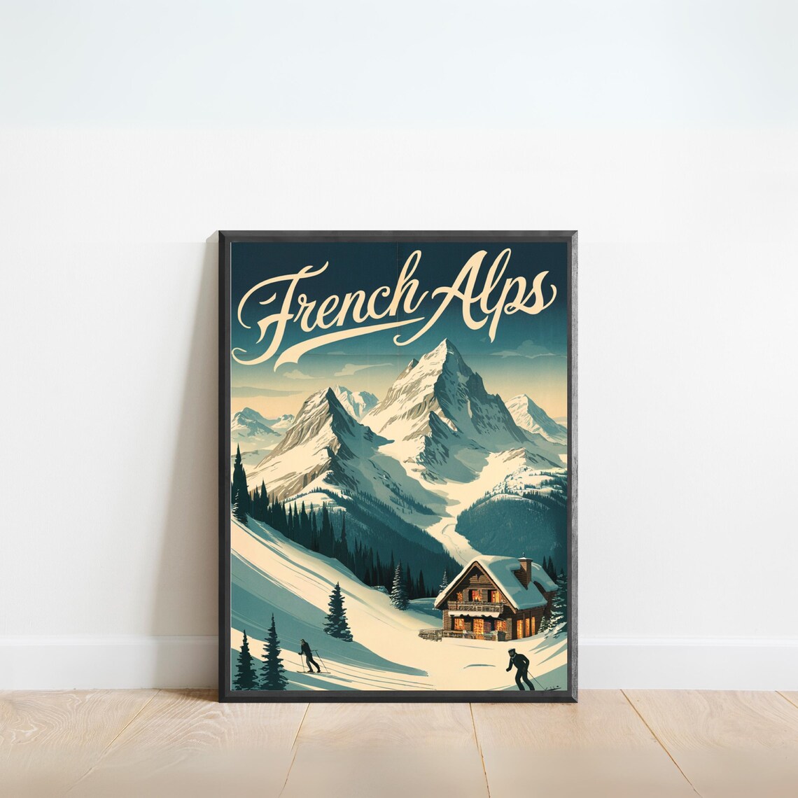 French Alps Vintage Travel Poster with Ski Chalet and Snowcapped Peaks