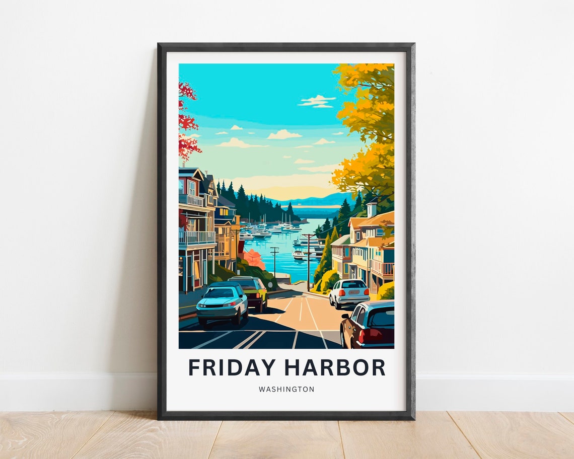 Friday Harbor Washington Marina Street Autumn Harbor Scene Poster