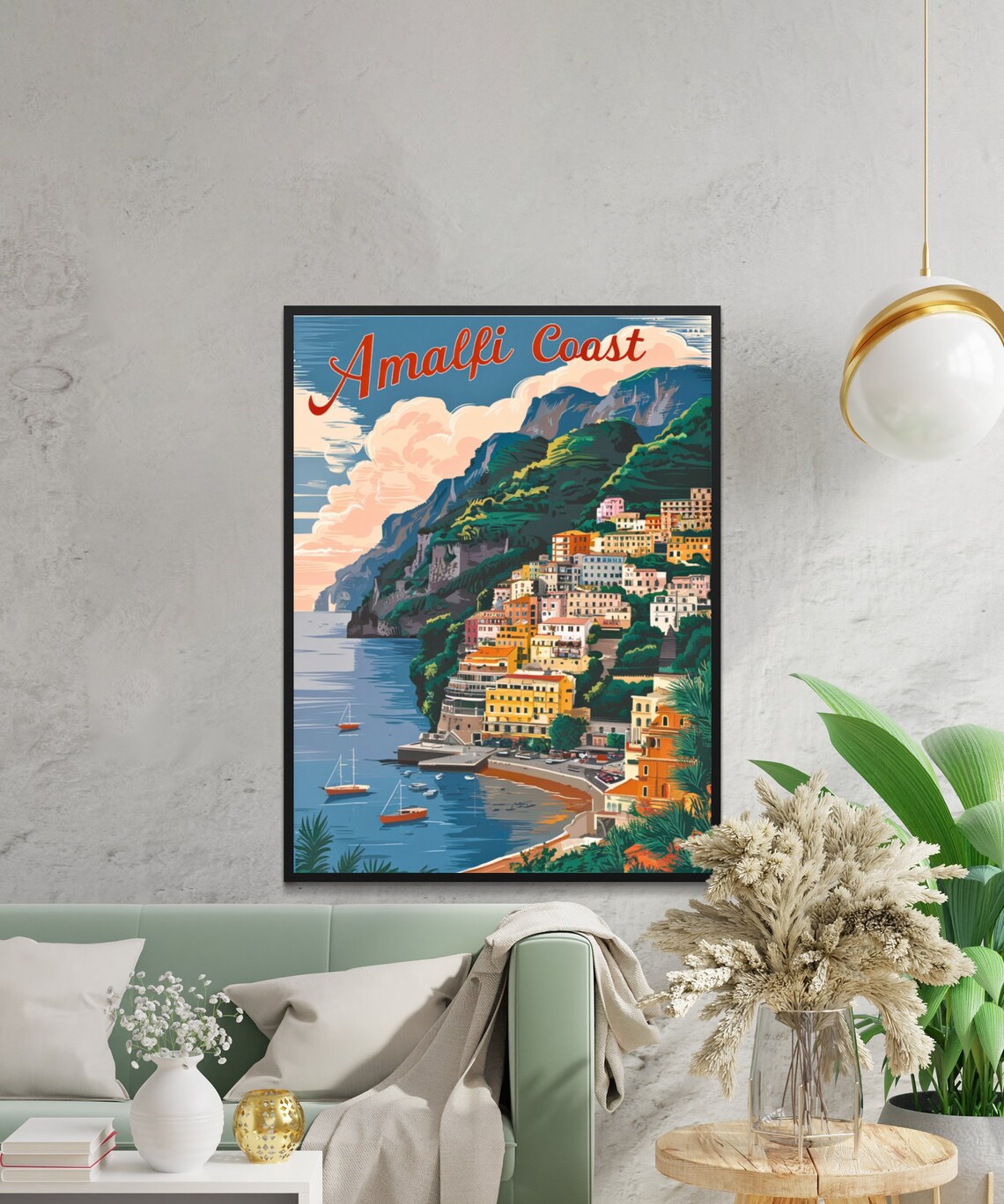 Amalfi Coast Italy Hillside Town Sailboats Vintage Travel Poster - Image 2
