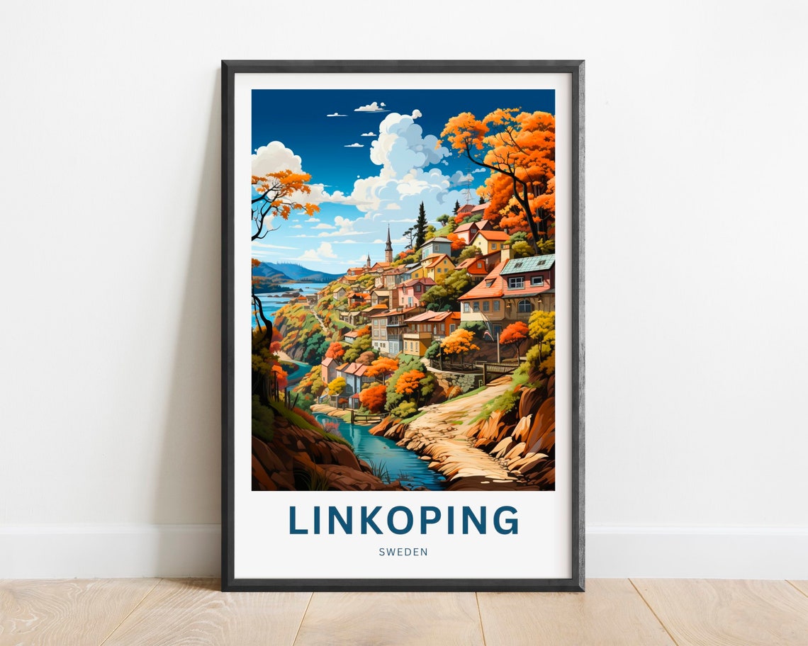 Linkoping Sweden Autumn Village Hillside Colorful Travel Poster