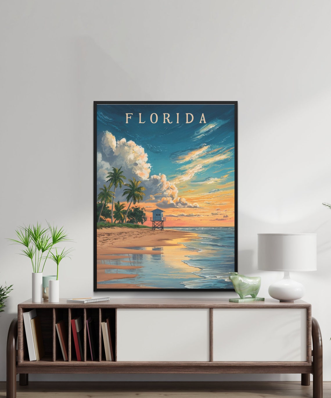 Florida Sunset Beach Lifeguard Stand Palms Vintage Retro Travel Poster - Image 2