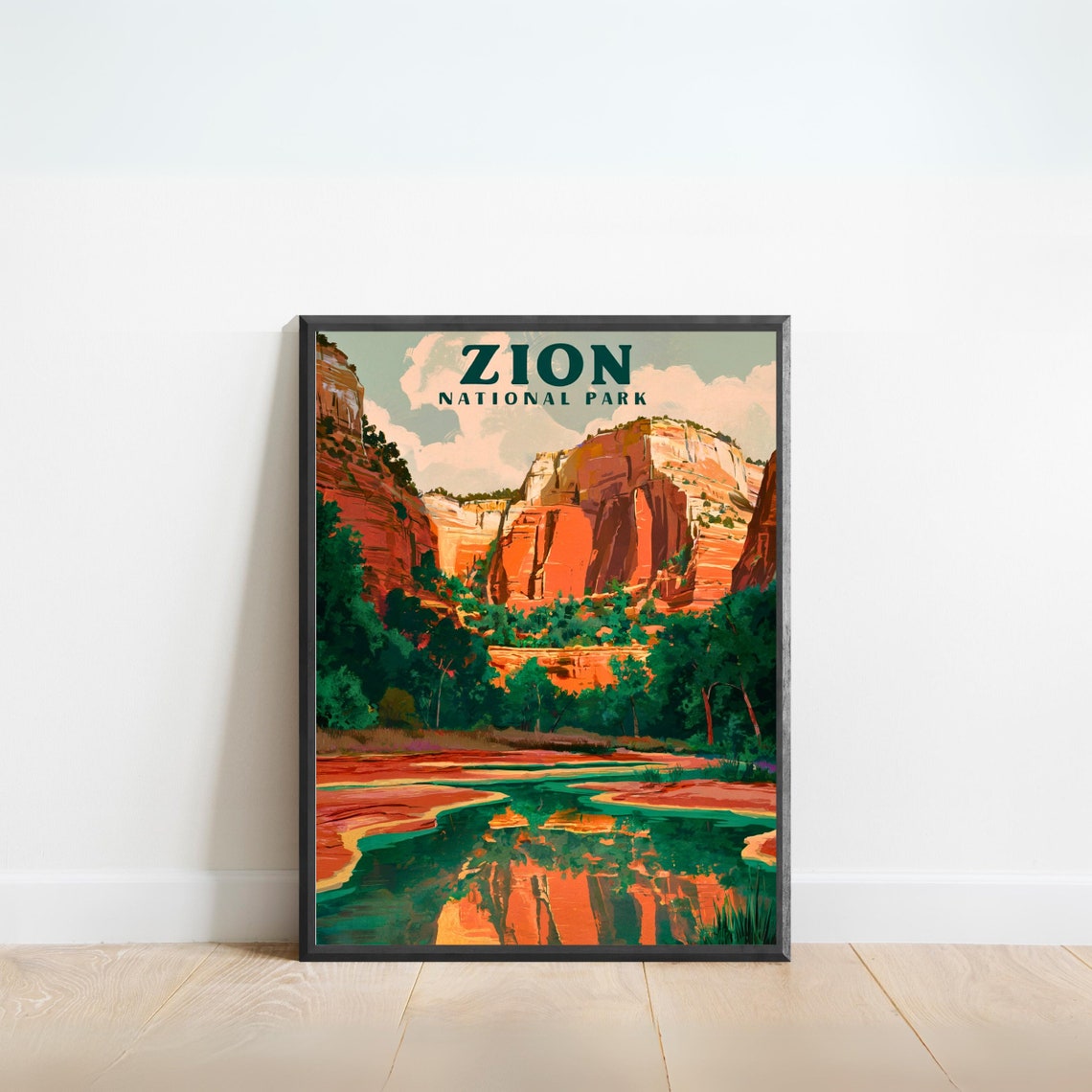 Zion National Park Utah Red Cliffs River Reflection Travel Poster