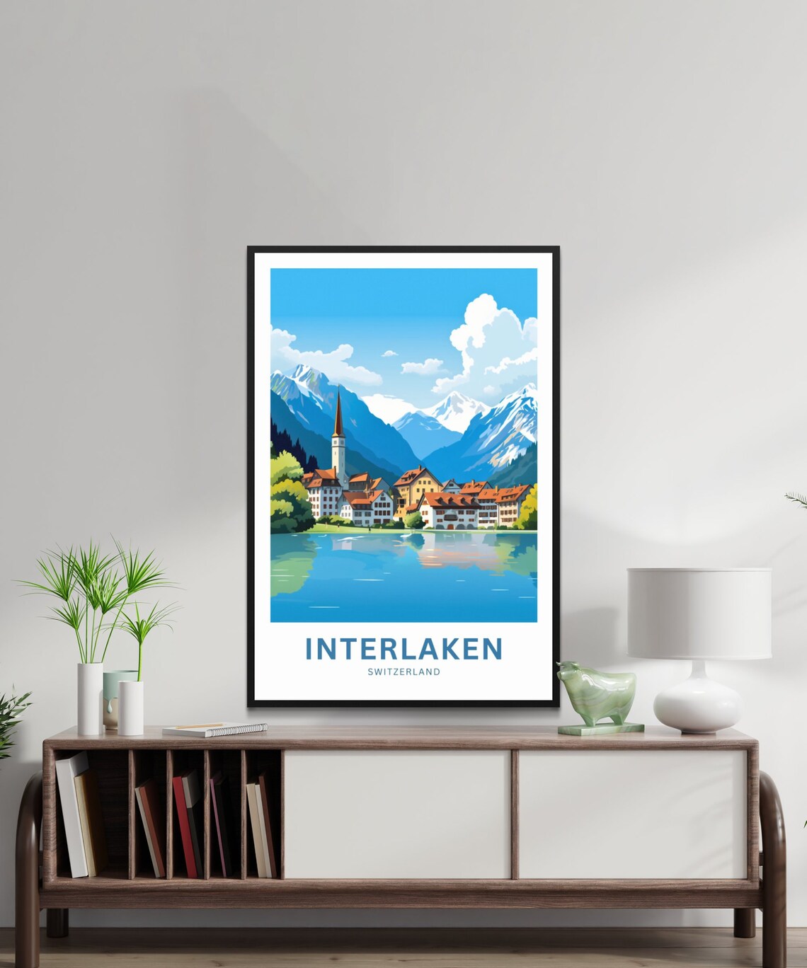 Interlaken Switzerland Church Tower Lake Reflection Travel Poster - Image 2