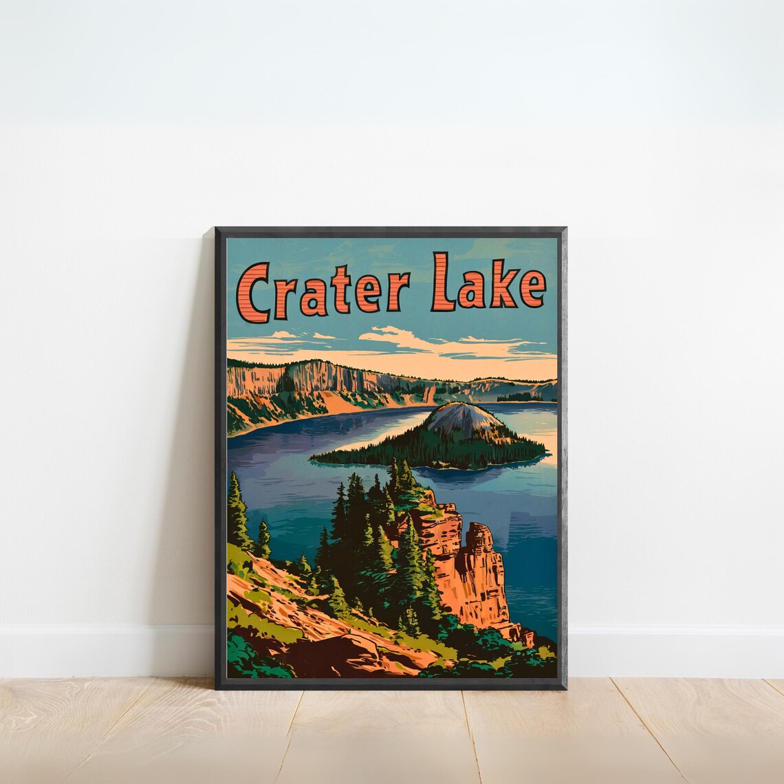 Crater Lake Oregon Vintage Travel Wizard Island Cliff Scene Poster - Image 3