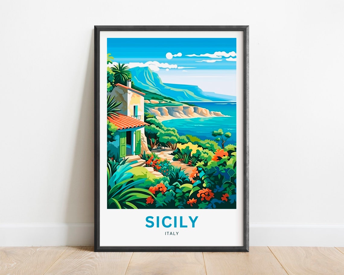 Sicily Italy Hillside Villa Flower Coast Seaview Travel Poster