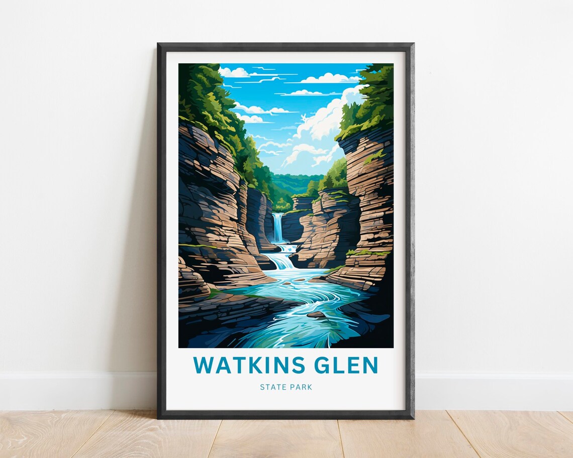 Watkins Glen State Park Gorge Waterfall Stream Cliffs Travel Poster