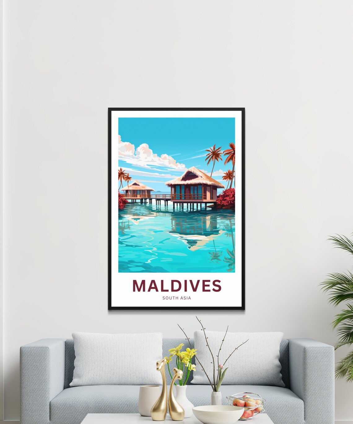 Maldives Palm Fringed Lagoon Hut Island Tropical Seascape Poster - Image 3