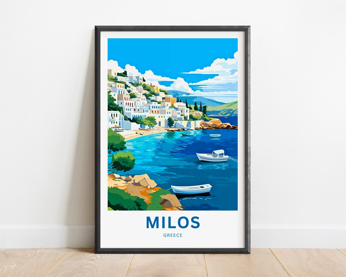 Milos Greece Hillside Village Harbor Boats Blue Water Travel Poster