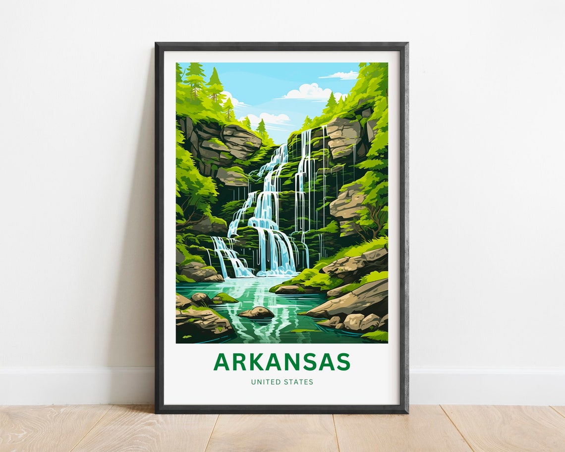 Arkansas Tiered Waterfall Forest Cliffs Green Nature Travel Poster