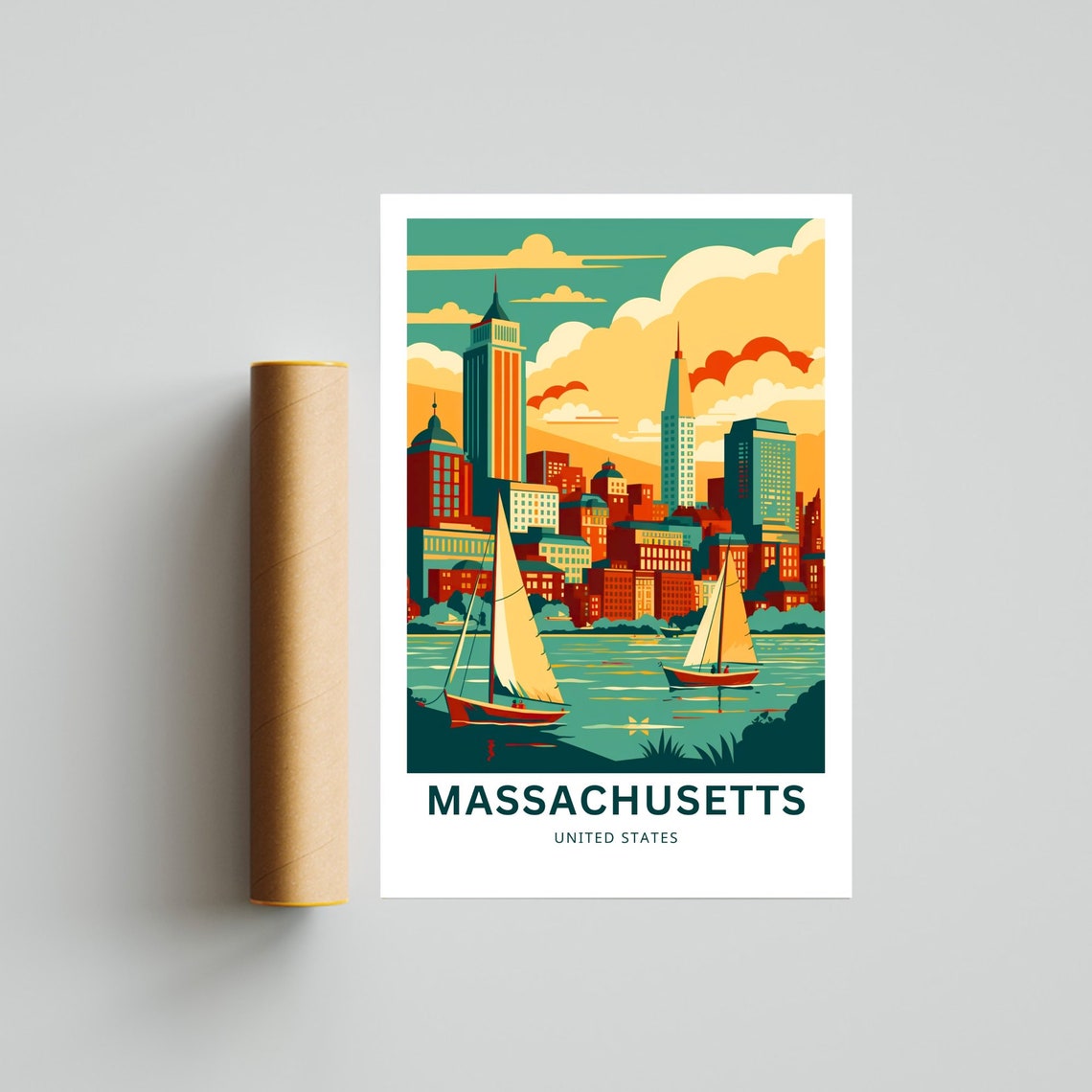 Personalized Massachusetts Boston Skyline Sailboats Retro Poster - Image 4