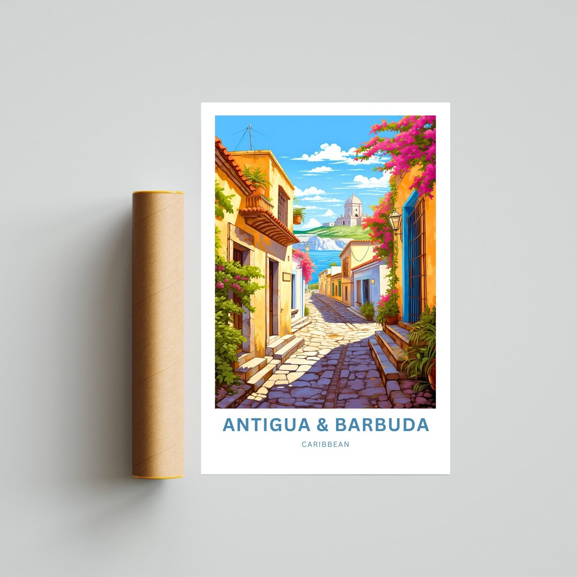Antigua & Barbuda Caribbean Hillside Town Cobbled Street Poster - Image 4