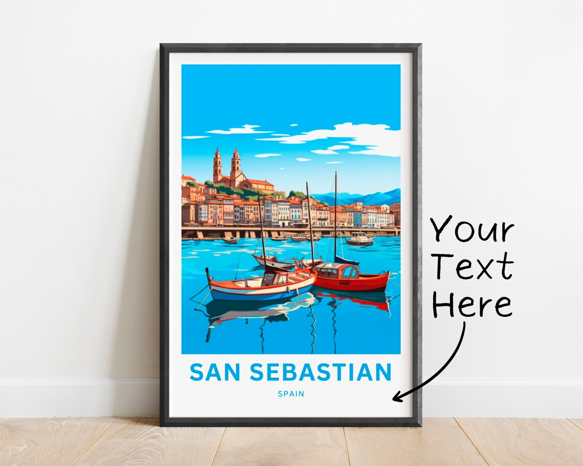 San Sebastian Spain Bay View Colorful Fishing Boats Travel Poster
