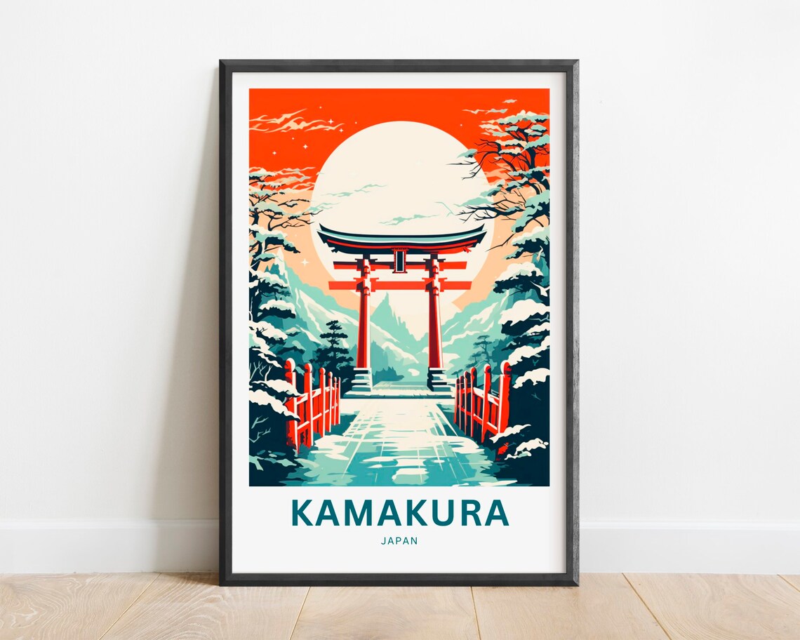 Kamakura Japan Red Torii Gate Snowy Moonlit Night Travel Poster