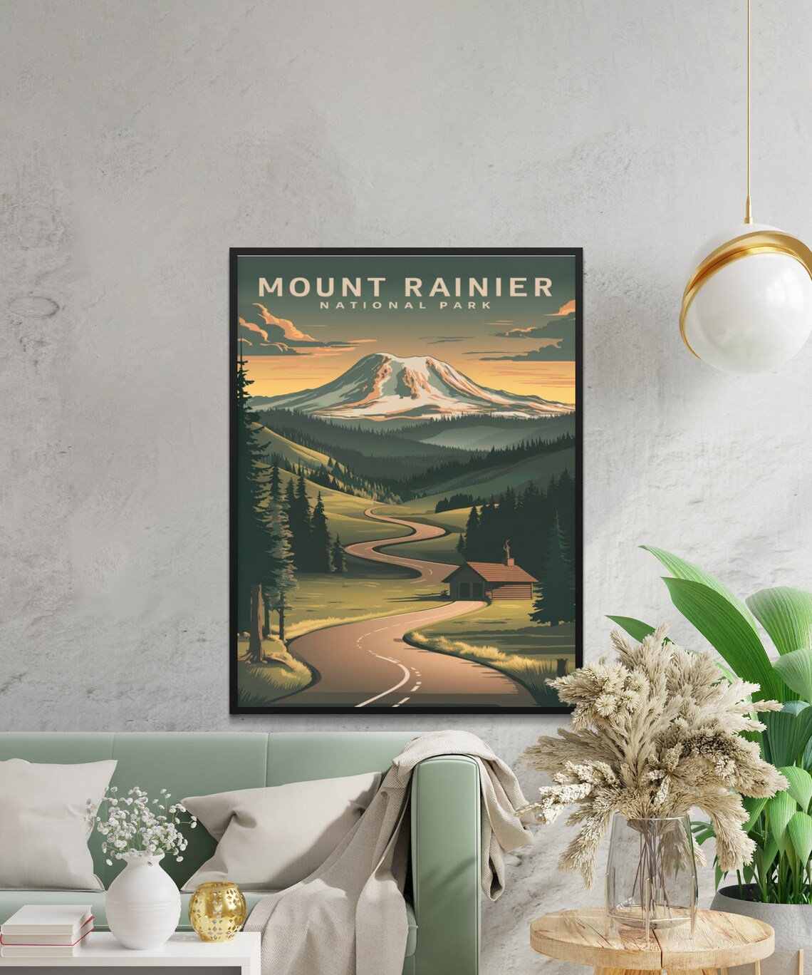 Mount Rainier National Park Vintage Poster with Valley Road and Cabin - Image 2