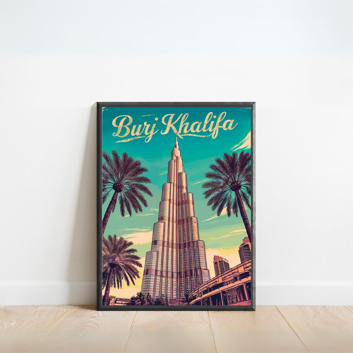 Burj Khalifa Dubai Vintage Tower Palms Skyline Retro Travel Poster
