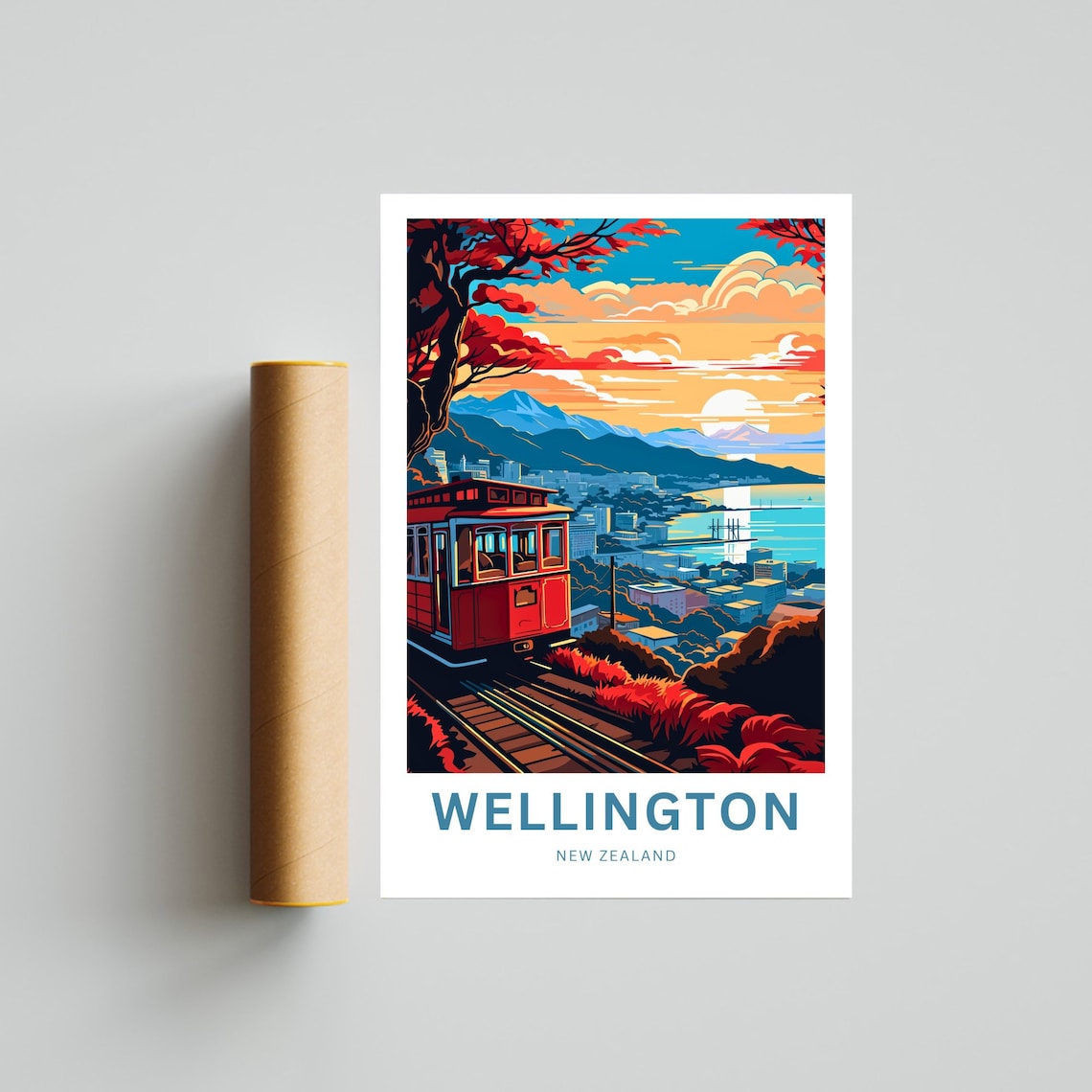 Wellington New Zealand Cable Car Sunset Harbor View Travel Poster - Image 4