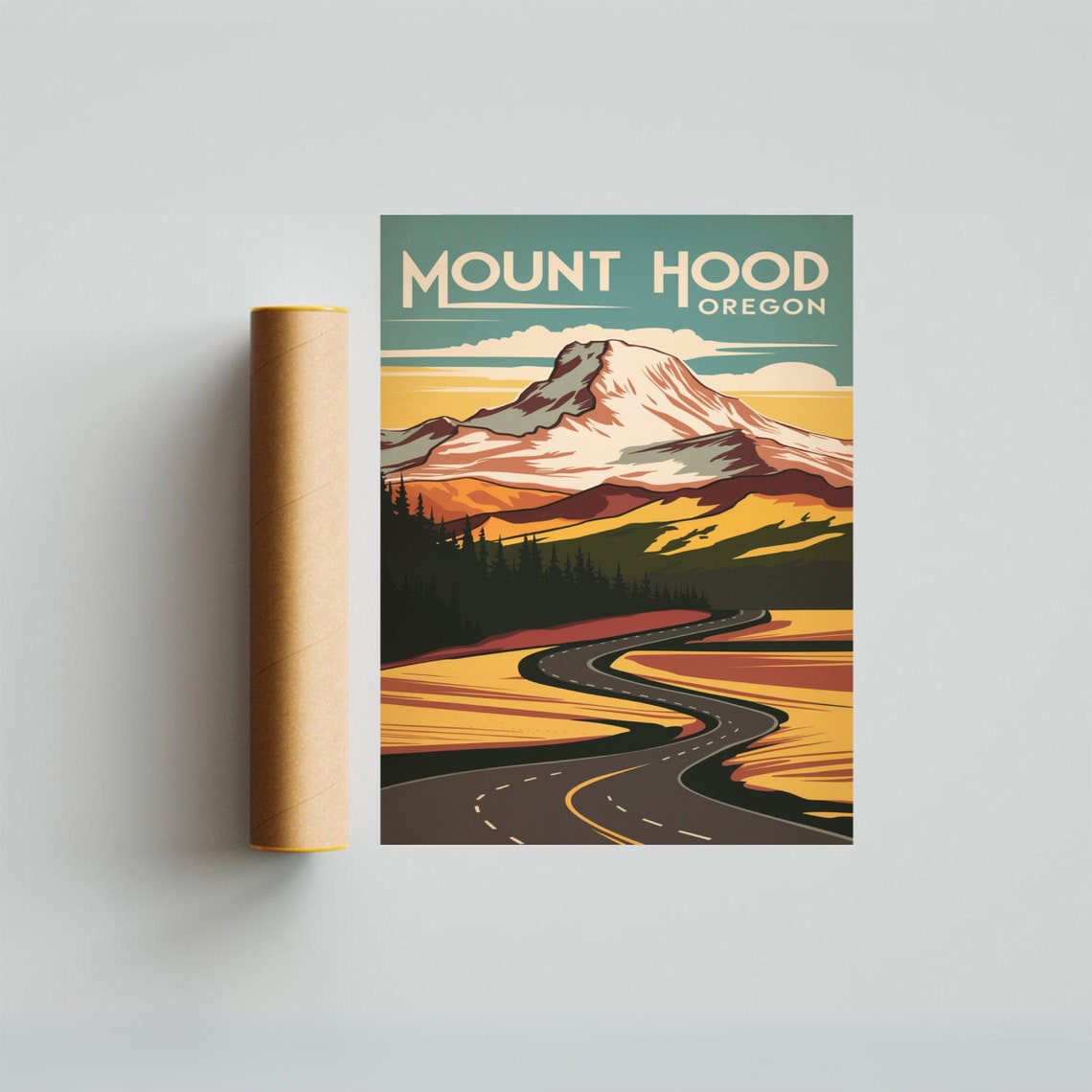 Mount Hood Oregon Retro Travel Poster with Sunset Road and Evergreens - Image 3